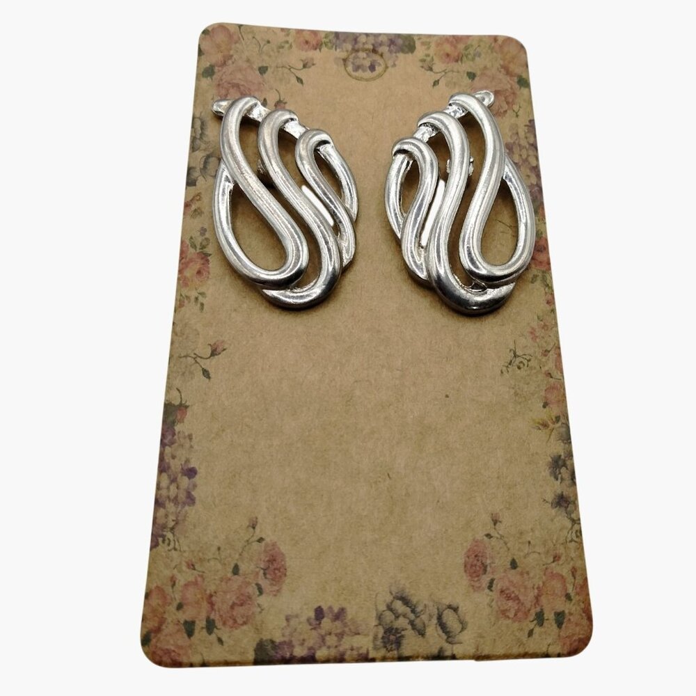 Abstract Wave Design Earrings Silver Toned Pierced Post Art Deco Open Work Swirl